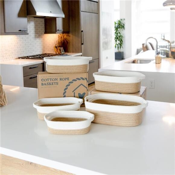 Cozy 5-Piece Rectangle Storage Basket Set- Natural Cotton Rope Woven - Picture 2 of 7